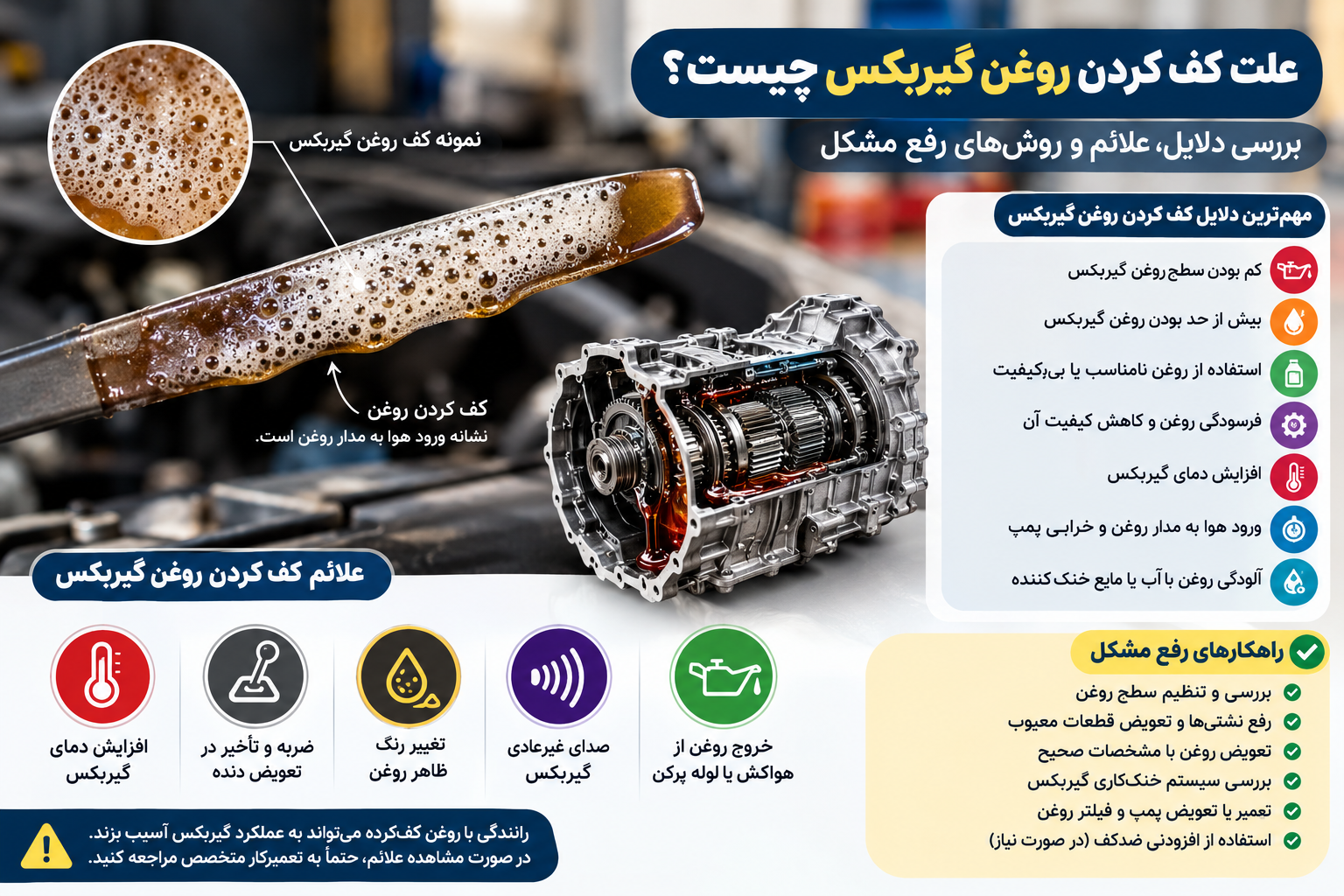 علت کف کردن روغن گیربکس چیست؟ بررسی دلایل، علائم و روش‌های رفع مشکل